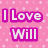 Pixelated text "I Love Will" in white letters with magenta outlines on a pink background with light pink square patterns.