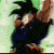 Animated character with spiky black hair and blue outfit in four sequential poses against light green background.