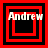 Four red and black square frames with white text "Andrew" each showing different nested square patterns.
