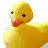 Animated yellow rubber duck with orange beak and black eyes, positioned against a white background.