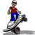 Pixelated figure in red shirt and blue pants riding a unicycle, wearing white cap with black brim against gray background.