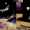 Pixel art scene with dark background, celestial bodies, and a character standing on terrain under an orange sky.