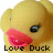 Pixelated yellow duck face with pink lips and black eyes, text 'Love Duck' below in blocky font.