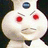 A 4-frame animated contact sheet showing a white cartoon character with red eyes and a blue gem on its head, accompanied by pixelated text reading "(thats what" and "you get forpoking me)".