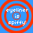 Four identical circular icons with red concentric rings on blue background, each displaying white text "eyeliner is spiffy!" in pixelated font.