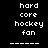Pixelated text displays 'hard core hockey fan' in three with red highlight bars over specific words across frames