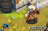 Pixel art character with blonde hair, blue eyes, and orange skin stands in a combat pose holding a shield and sword.