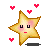 Pixelated star-shaped character with blush, surrounded by pink hearts and a dark horizontal bar on gray background.