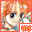 Pixelated anime-style character with orange hair and large eyes, wearing a white top and blue shorts, displayed in two side-by-side with red and orange borders