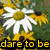 A pixelated image of white daisies with yellow centers and green foliage, featuring text at the bottom that reads 'dare to be' on the left side.