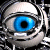 A pixelated eye with a blue iris and black pupil surrounded by metallic rings on the left, next to green text reading 'Original Icons .com' on a dark background.