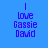 Blue background with repeated text 'I love Cassie David' in purple pixelated font, alternating light blue horizontal bars across the