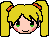 Pixel art of a character with yellow pigtails and green eyes, showing three distinct facial expressions