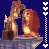 Animated pixel art of two cartoon characters on a stone platform against dark blue background, with vertical heart chains between