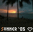 Animated beach sunset scene with palm trees and ocean, text 'SUMMER '05' repeated across the bottom in pixelated font.