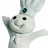 Pixelated cartoon character with light gray body, black eyes and mouth, blue circular detail on head, waving arms in a friendly pose against white background.