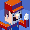 Pixel art character with isometric perspective, wearing red and purple hat, blue shirt, holding white cube-like object against solid light blue background.