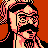 Pixelated 48x48 static icon of a character with dark hair, mustache, and beard against an orange background, rendered in red/black/peach tones with dithering effects.