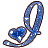 Blue glittery stylized letter Q with a heart shape attached to its lower left, displayed in three variations against a gray background.
