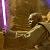 Pixelated static image of a character holding a purple lightsaber in a brown-toned environment with visible dithering and low-resolution rendering artifacts.