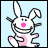 Animated pixel art of a white rabbit with pink nose and inner ears dancing against light blue background, displaying sequential pose changes across nine