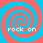 Four identical spiral patterns in cyan and coral arranged in a with "rock on" text overlaid on each spiral