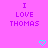 Pixelated text "I LOVE THOMAS" repeated across a bright pink background with cyan heart and arrow symbols.