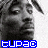 Black-and-white pixelated contact sheet of six frames showing a person with braided hair, each frame featuring blue text reading "tupac" in different positions and orientations over the image.