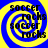 Four identical display a blue and yellow spiral background with black text reading "soccer rocks" repeated in alternating