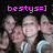 Pixelated image with pink text 'bestys=]' above four blurred figures against a dark background.