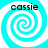 Four identical cyan and white spiral patterns arranged in a , each with the text 'cassie' above it