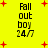 Yellow background with red plus signs and black text reading "Fall out boy 24/7" in four identical sections arranged in a pattern