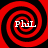 Four identical red and black spiral patterns arranged in a , each containing the text "Phil" in white pixelated font