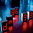Pixelated static icon featuring red numerals and letters against a blue gradient background with dark purple accents.