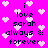 Pixelated pink background with white hearts and black text reading 'i love sarah always & forever' repeated in two