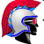 Pixelated profile of a helmeted figure with red plume, blue accents, and black facial features against white background.