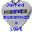 Pixelated heart-shaped pendant with blue text reading 'Jarred and Susannah = LOVE' on a gray background.