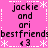Pixelated pink background with repeated text and symbols in black and white, featuring 'jackie and ari', 'bestfriends', and '<3' arranged in a pattern with white asterisks and dotted lines