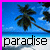 Pixelated beach scene with palm trees, blue sky, and ocean view under a pink border.