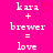 Pixelated text on bright pink background shows 'kara + brewer = love' with a red heart symbol above the plus sign in one view, and without it in another.