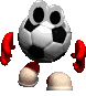 A soccer ball character with red gloves and beige shoes in three sequential poses showing arm and leg movements.