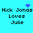 Pixelated text reads 'Nick Jonas Loves Julie' on cyan background with blue heart and starburst symbols above.