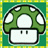 Green mushroom with white spots and a rectangular face, set against a green background bordered by yellow-green checkered pattern.