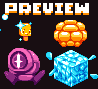 Pixel art preview image showing four distinct icons: a yellow sparkler, an orange segmented sphere, a purple rose with white cross symbol, and a blue crystalline cube on black background.