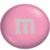 A pink M&M candy with a gray 'm' logo on the left, next to white pixelated text reading "I Luv M&Ms!" on a light pink background.