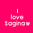 A pink square icon with white pixelated text reading "I love Saginaw" in four variations showing different background gradients.