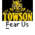 Two identical animated frames of a yellow cartoon character with the text "TOWSON" and "Fear Us" displayed below it, alongside promotional text for badassbuddy.com.