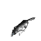 Six of a pixelated wolf in mid-leap against a solid gray background, showing progressive body positioning and tail movement