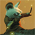 Pixelated figure with teal and dark green body, white face, and orange accents, holding a long dark object against a beige background.