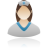 Pixelated icon of a person with brown hair, light skin, and a blue V-neck collar on a white top against a gray background.